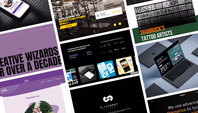 Collage of multiple digital screens displaying various website designs including a gym homepage, a contact page with purple accents, a tattoo artist promo, and a laptop with a business site.