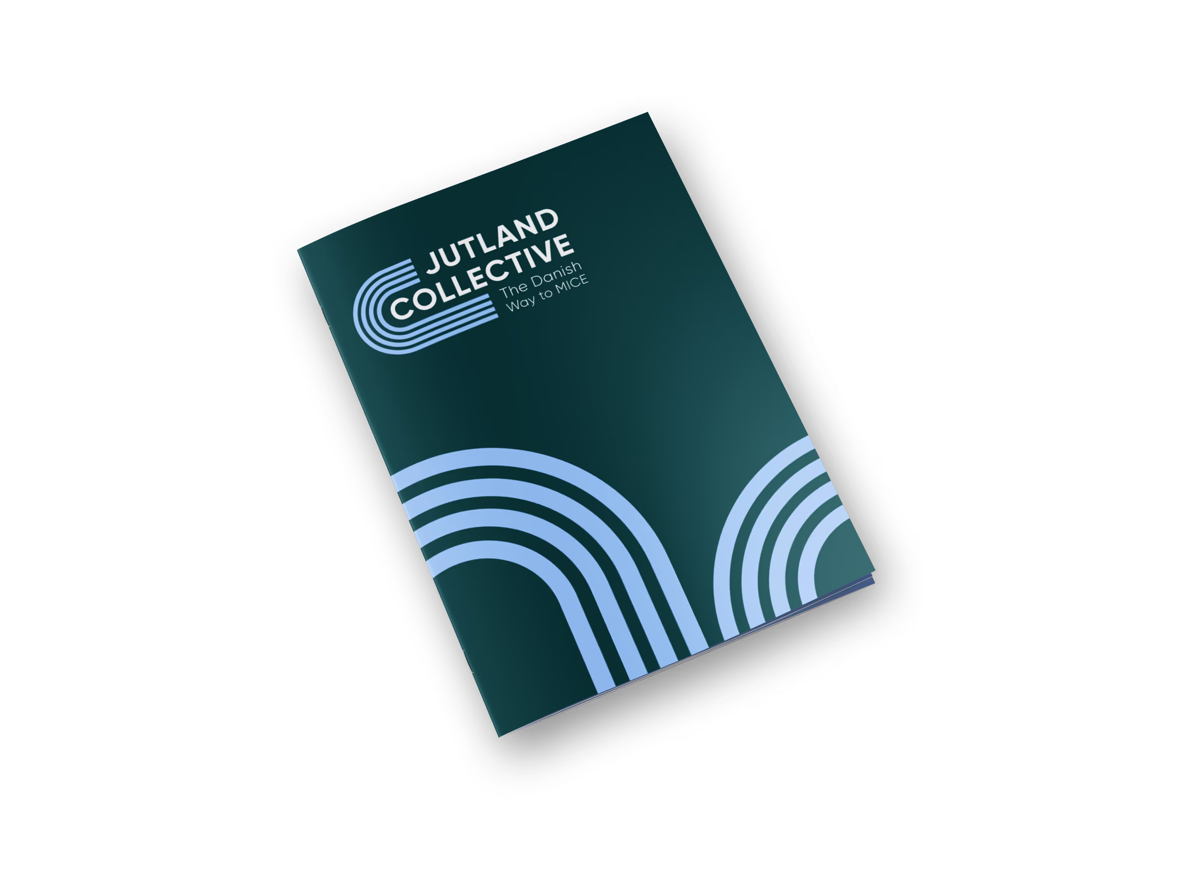 Brochure with dark green cover displaying the Jutland Collective logo and the text 'The Danish Way to MICE' alongside blue curved line designs.