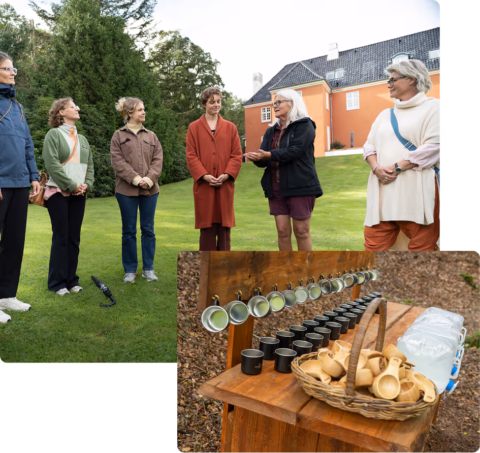Group of six women standing on a lawn outside near trees and an orange building, engaged in conversation; inset shows wooden table with hanging mugs, small black cups, wooden scoops in a basket, and water containers.