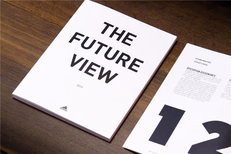 Embossed cover of ‘The Future View’ report, featuring premium paper texture and modern typography for Adidas.
