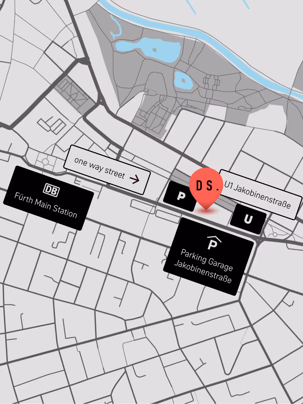 Directions to our office in Fürth, detailed description in the previous text block