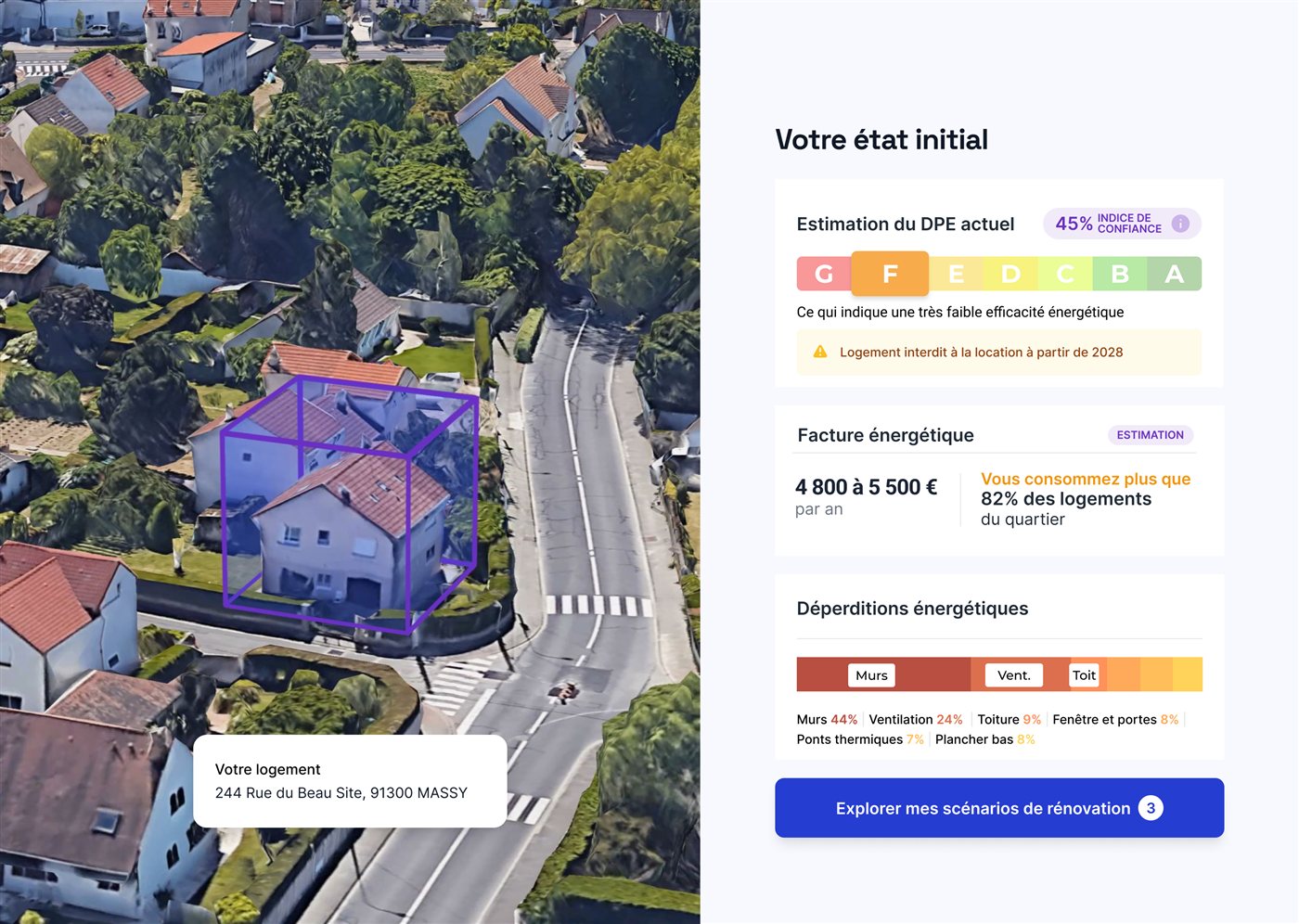 Résultat d'une simulation kelvin° : DPE estimé, facture énergétique et scénarios de rénovation présentés au particulier