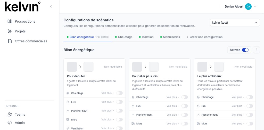 Page Configurations de scénarios avec un onglet par simulateur dans kelvin°