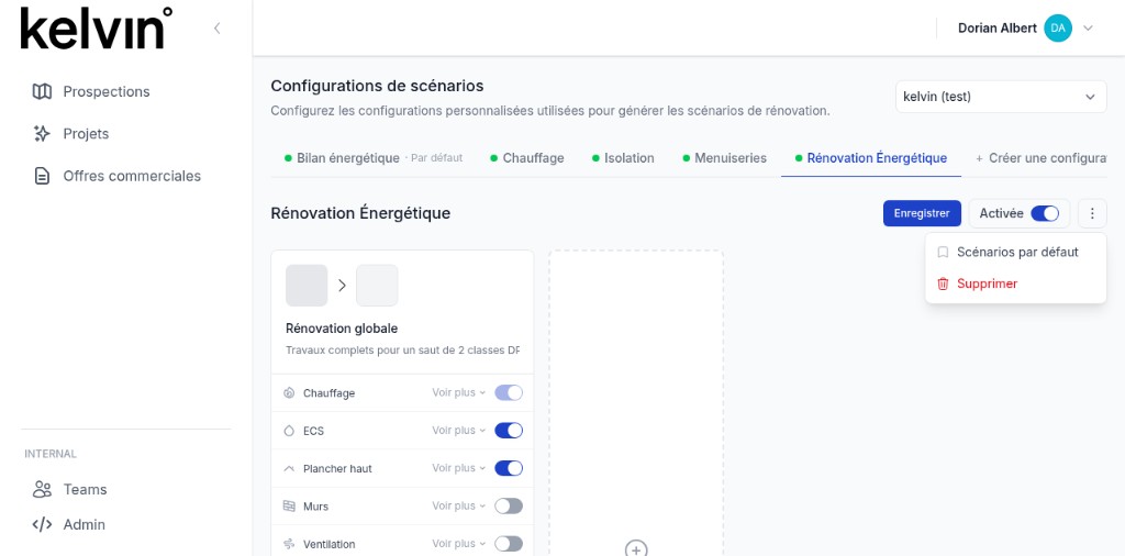 Menu Scénarios par défaut pour activer une configuration dans l'outil d'aide à la vente kelvin°