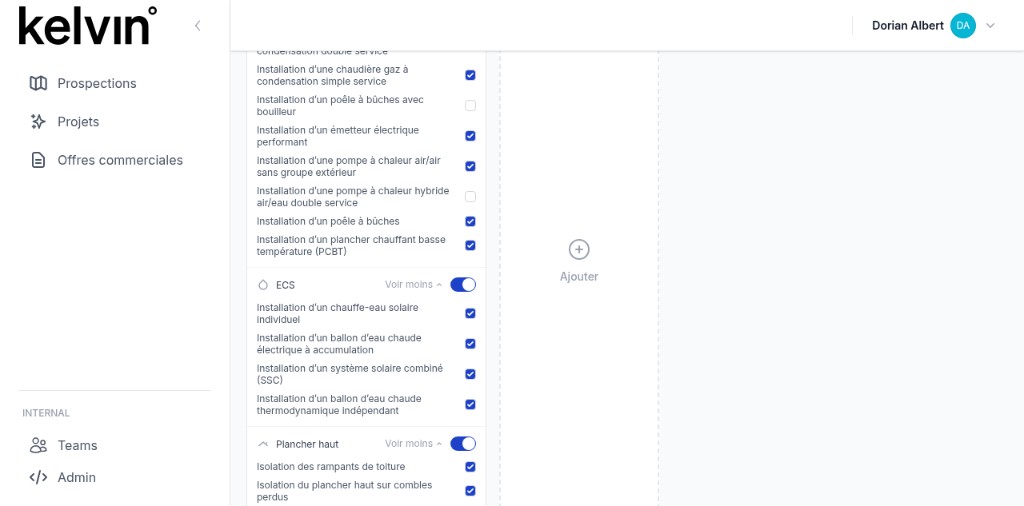Composition d'un scénario avec activation des catégories et gestes dans kelvin°