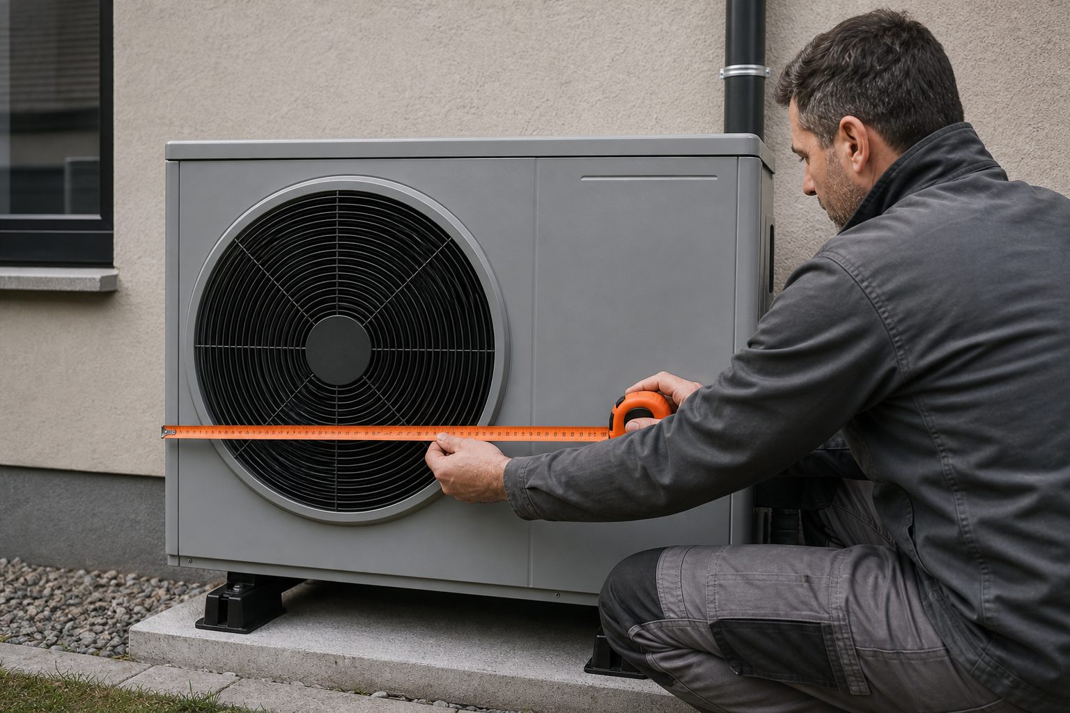 Installateur mesurant une pompe à chaleur air-eau pour calculer sa puissance