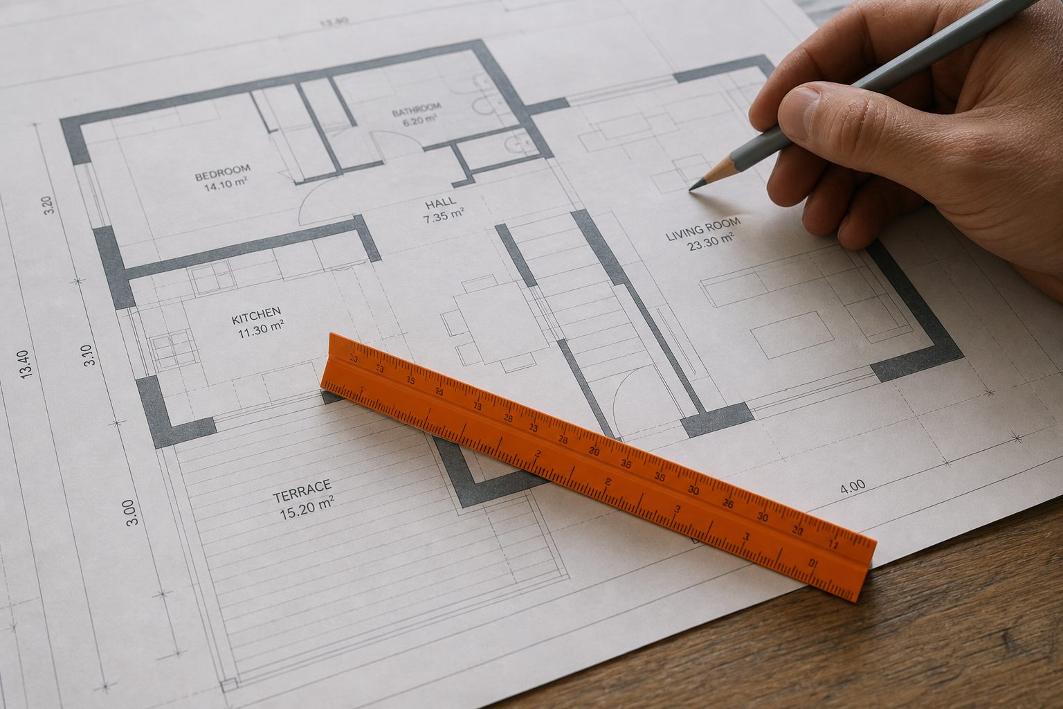 Plan d'un logement avec surfaces des pièces pour dimensionner une pompe à chaleur