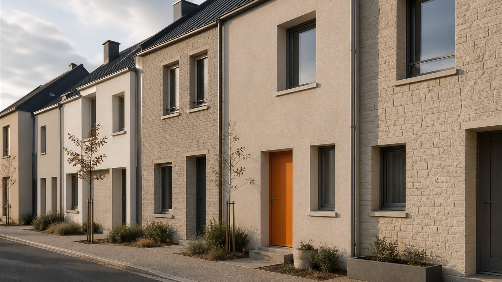 Rangée de maisons individuelles dont une seule porte d'entrée est orange, illustrant le recentrage du Coup de pouce rénovation d'ampleur