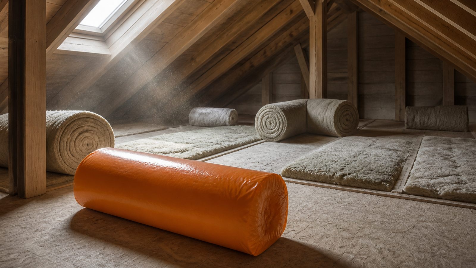 Rouleaux de laine minérale dans des combles, dont un seul emballé en orange, illustrant les gestes qui sortent de MaPrimeRénov'