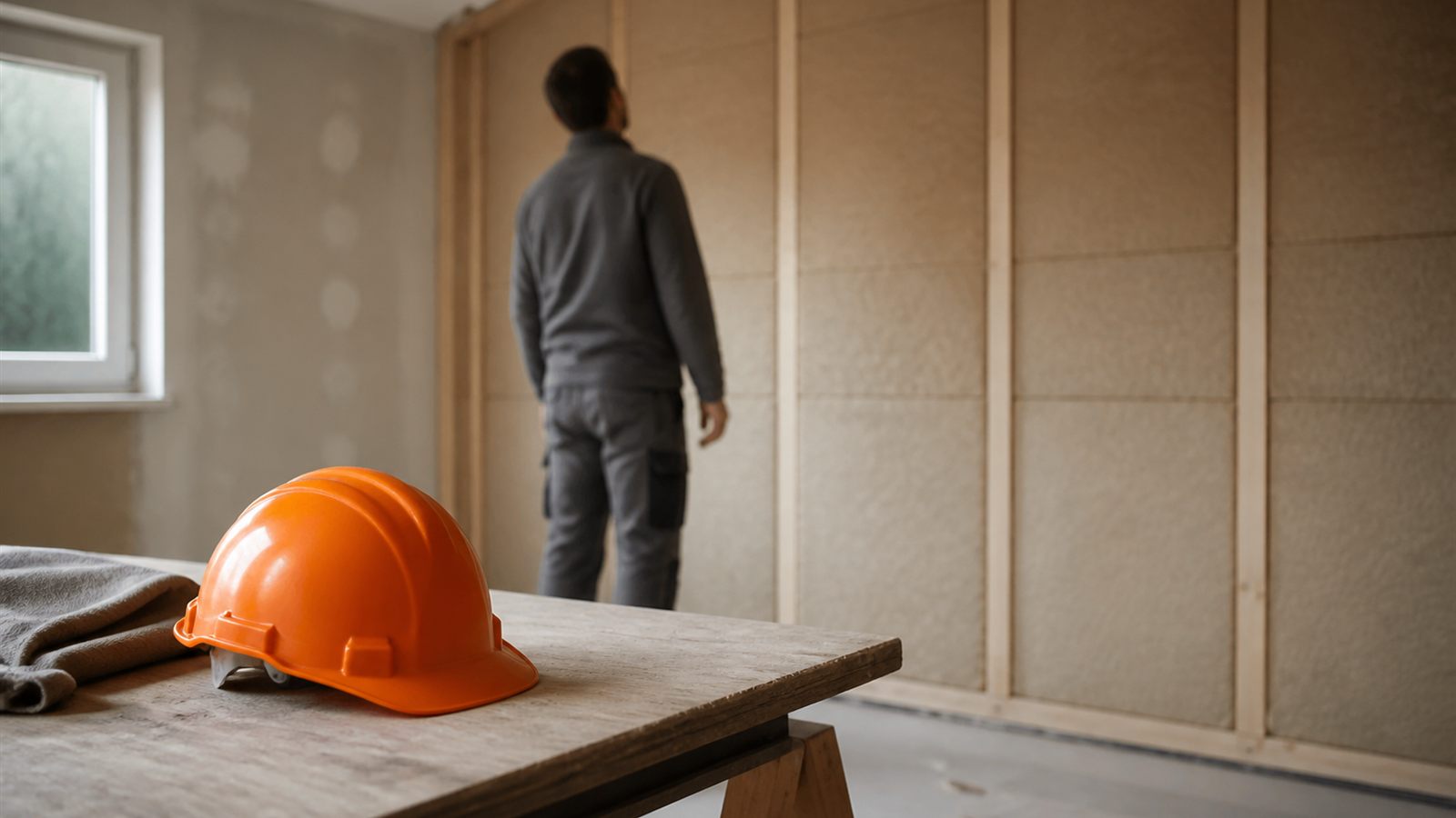 Casque de chantier orange posé sur un établi devant un mur isolé en cours de rénovation, illustrant les contrôles RGE renforcés