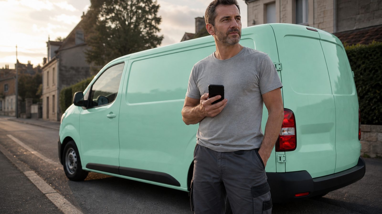 Artisan du bâtiment devant sa camionnette, consultant son téléphone dans une rue résidentielle