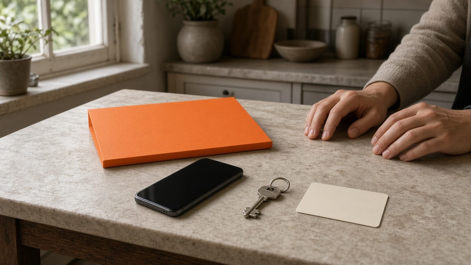 mains sur une table de cuisine avec un dossier orange et un smartphone, guide FranceConnect+ MaPrimeRénov'