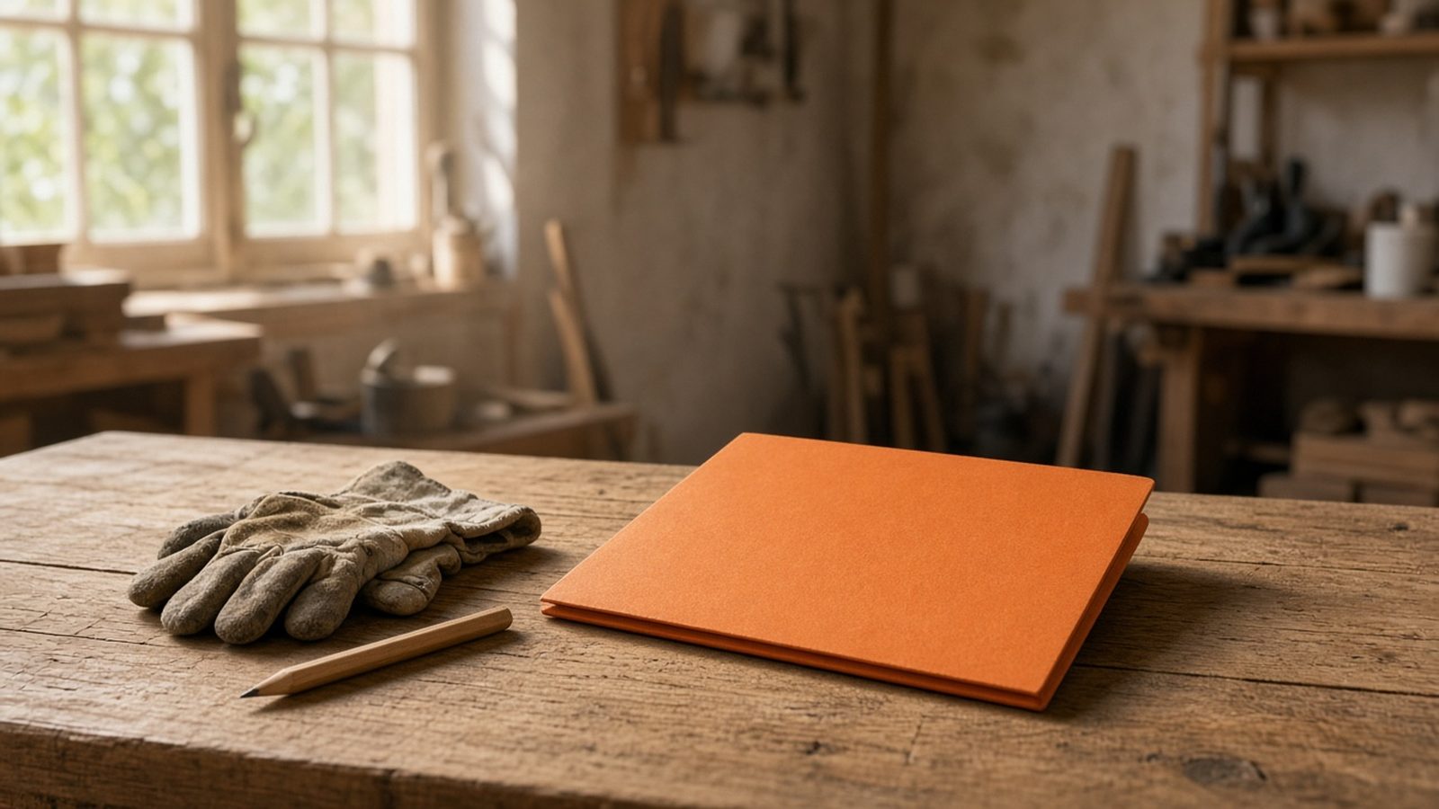 Dossier orange sur un établi de rénovation, veille réglementaire énergétique en cours