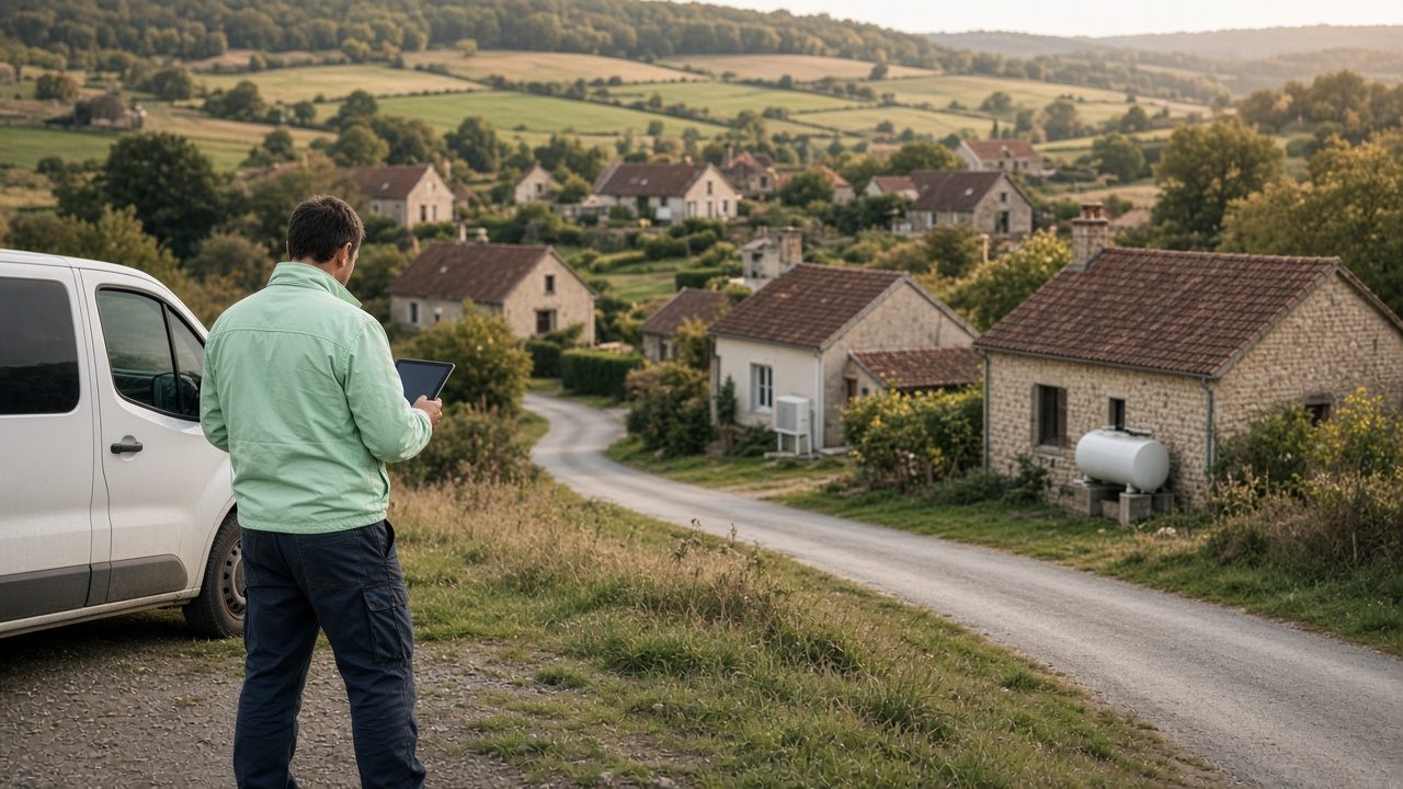 Artisan chauffagiste observant un hameau rural depuis son utilitaire, territoires du plan d'électrification à prospecter en pompe à chaleur