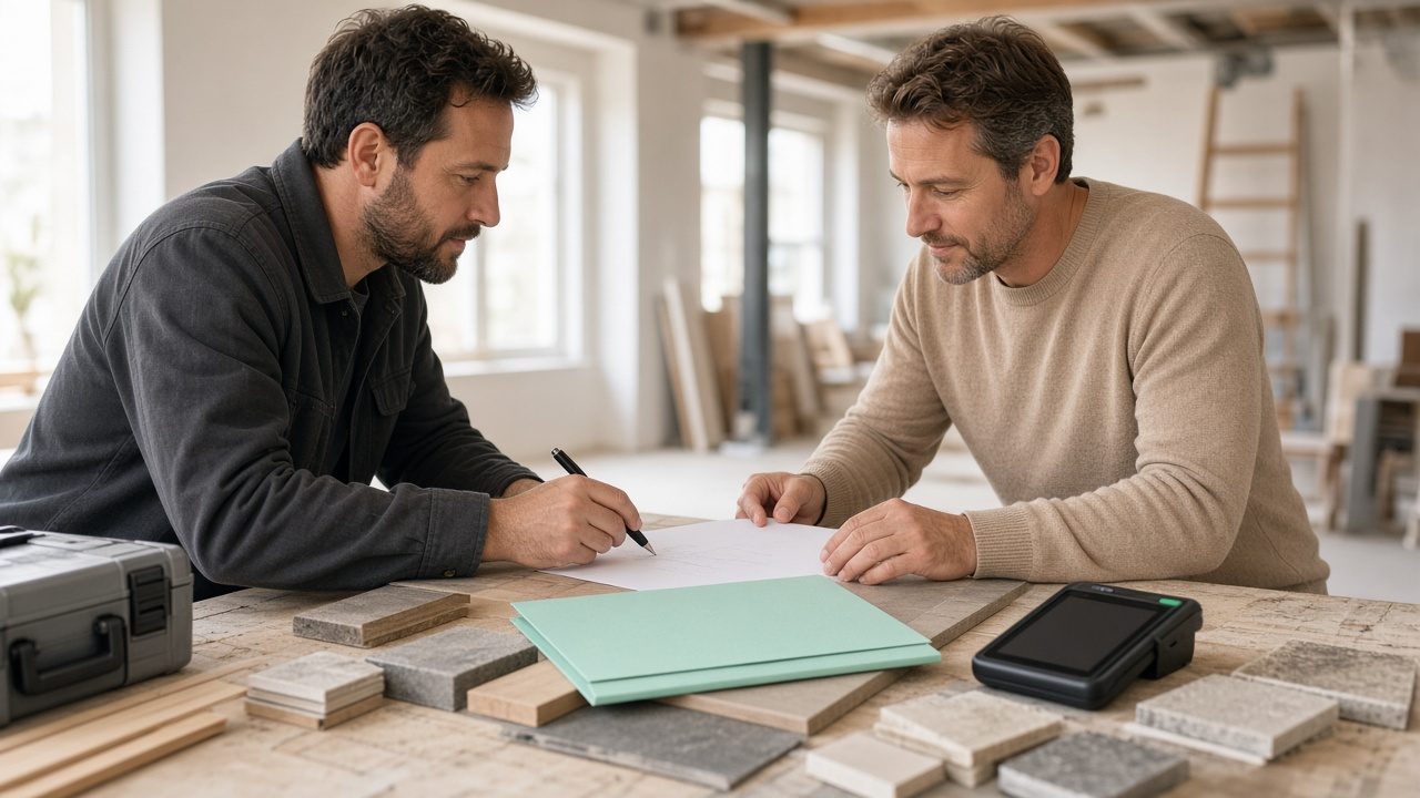 Artisan et client préparant un acompte travaux sur un devis de rénovation.