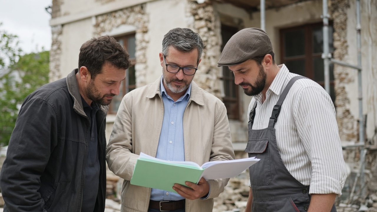 Artisans réunis autour des documents de déclaration de sous-traitance avant chantier.