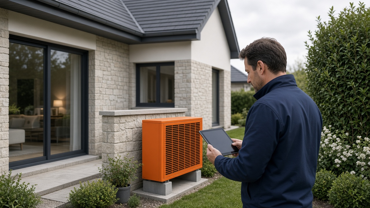 Installateur devant une pompe à chaleur pour illustrer le leasing PAC 2026