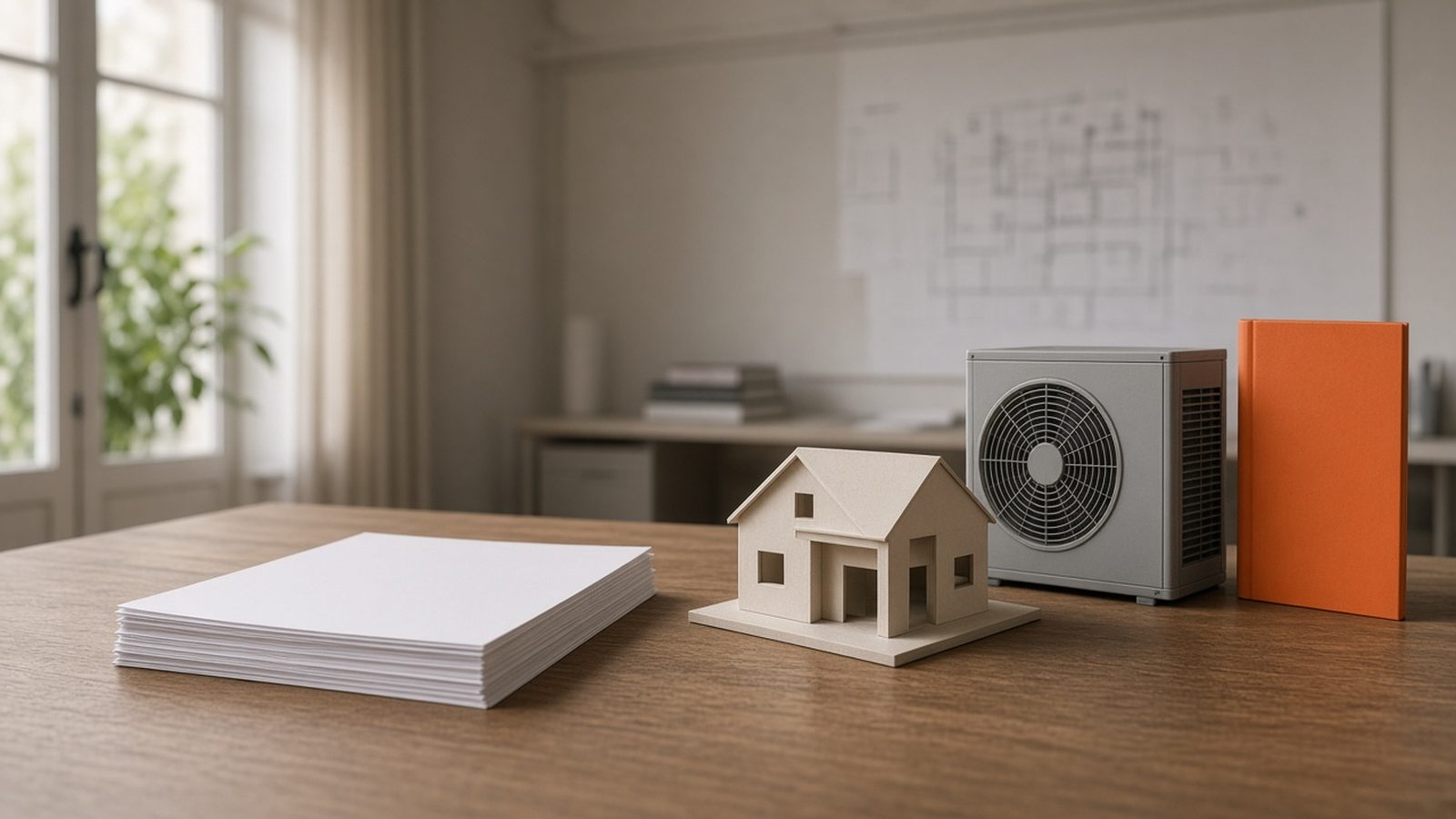 Classeur orange sur un bureau, à côté d'une maquette de maison et d'une pompe à chaleur, illustrant le budget 2027 de la rénovation