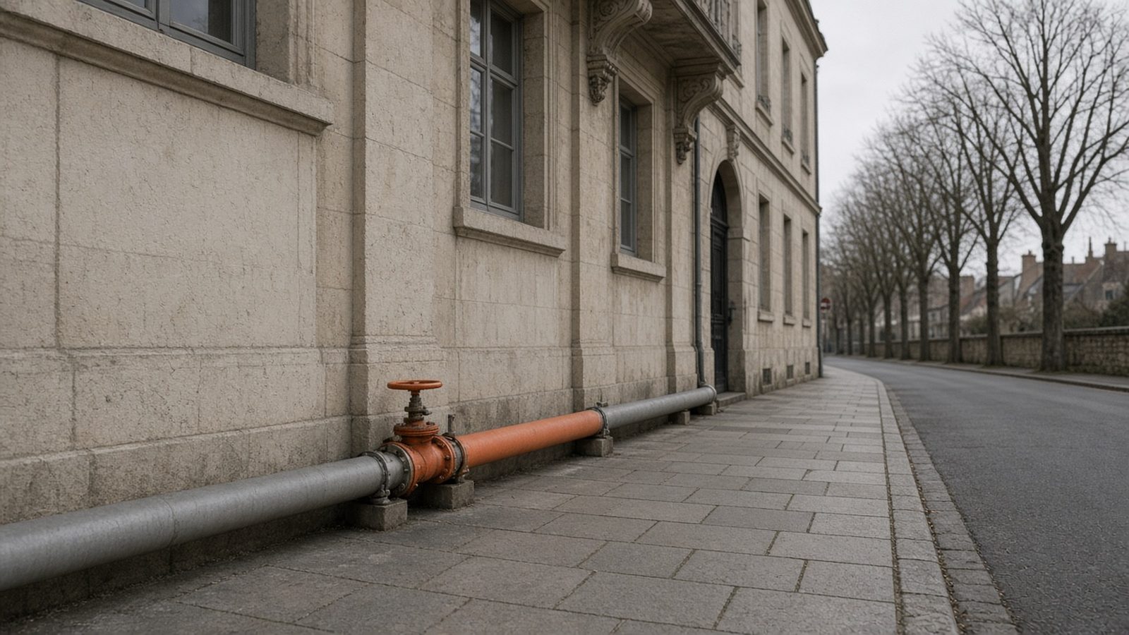 Tuyau de réseau de chaleur orange le long d'un bâtiment public, illustrant le Fonds vert 2027