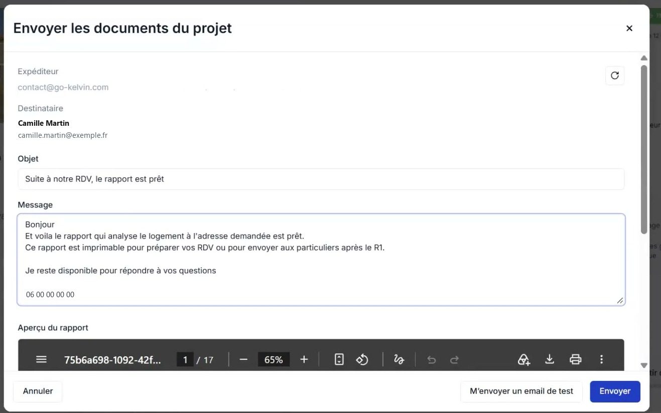Modale Envoyer les documents du projet : expéditeur, destinataire, objet, message et aperçu du rapport PDF