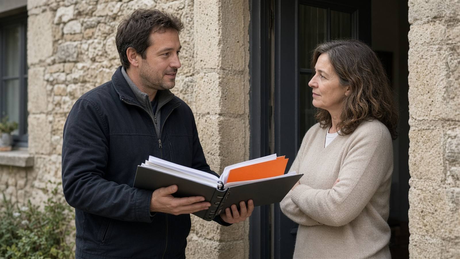 Visite : le commercial montre le certificat qui correspond au geste du devis.