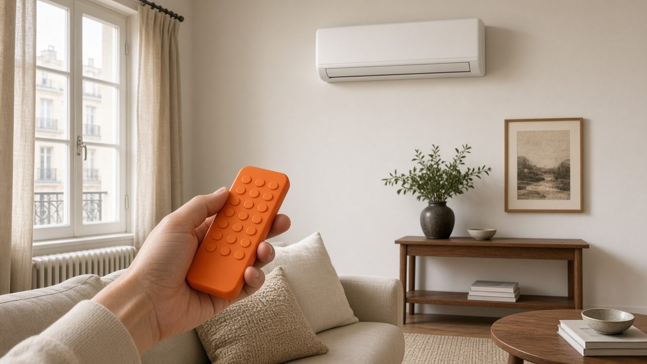 Visite : un air-air au mur, la télécommande orange dans la main.