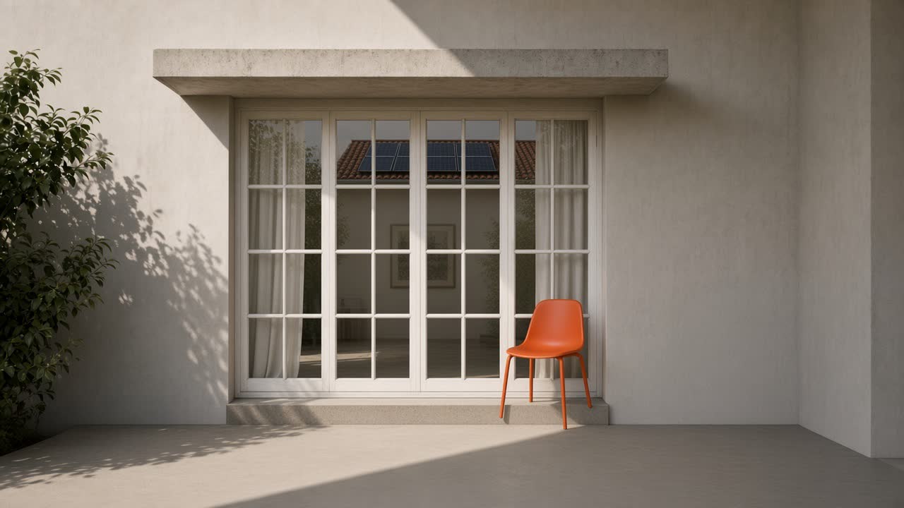 Fenêtre qui reflète une toiture, une chaise orange au soleil.