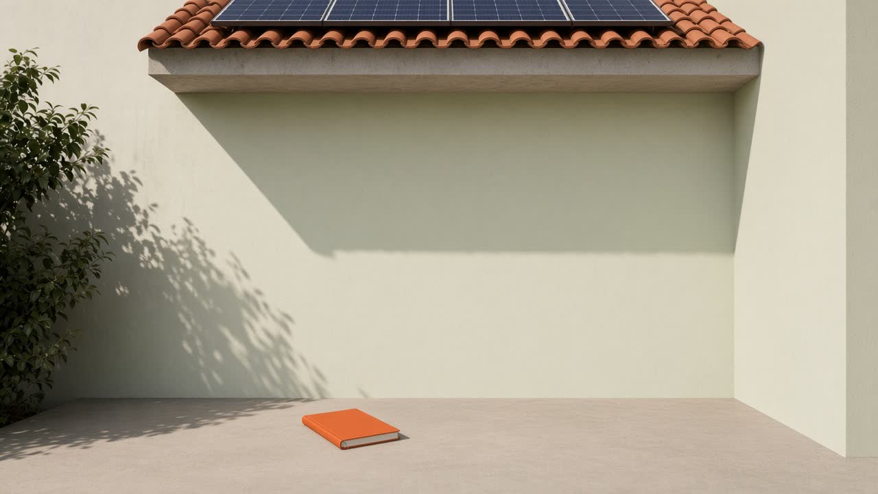 Toiture en tuiles et un carnet orange au soleil, sous le débord.