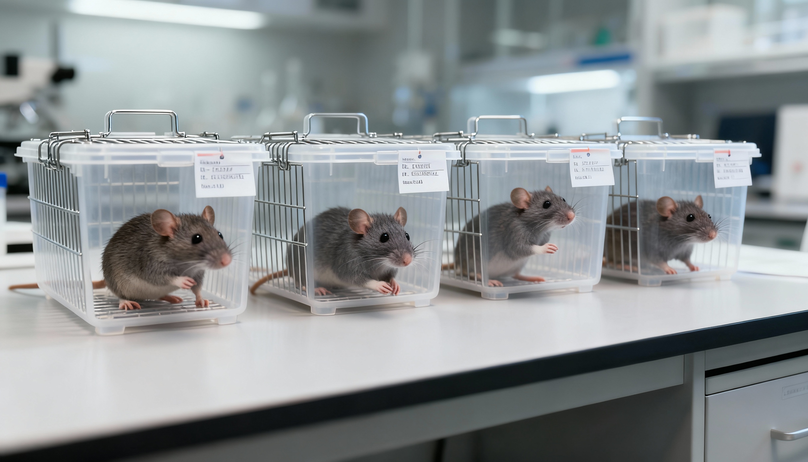Four gray laboratory mice sitting individually in small transparent transport cages on a lab bench, with labels attached to each cage.