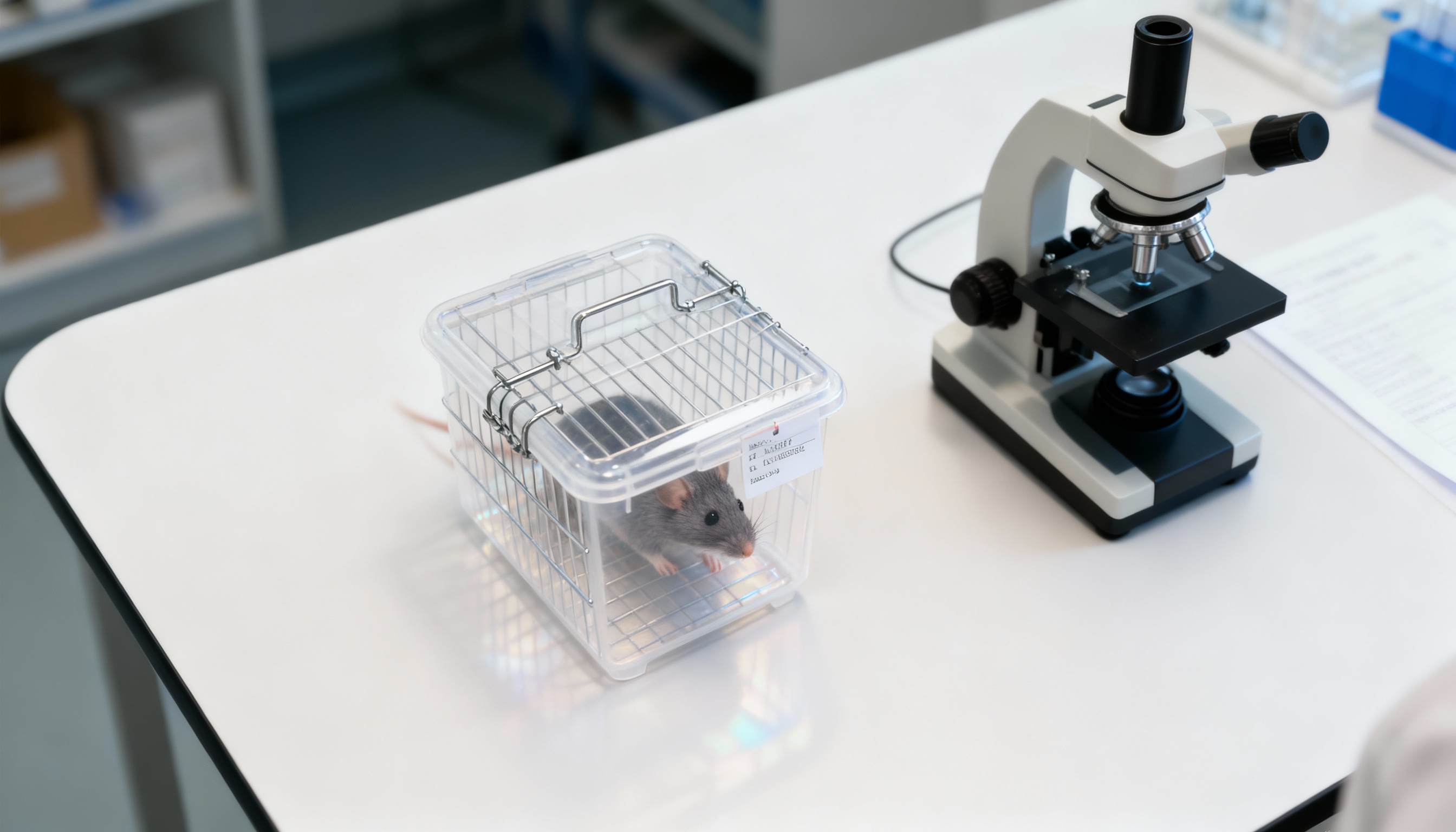 A single gray laboratory mouse inside a small clear cage on a white lab table next to a microscope in a clean research workspace.
