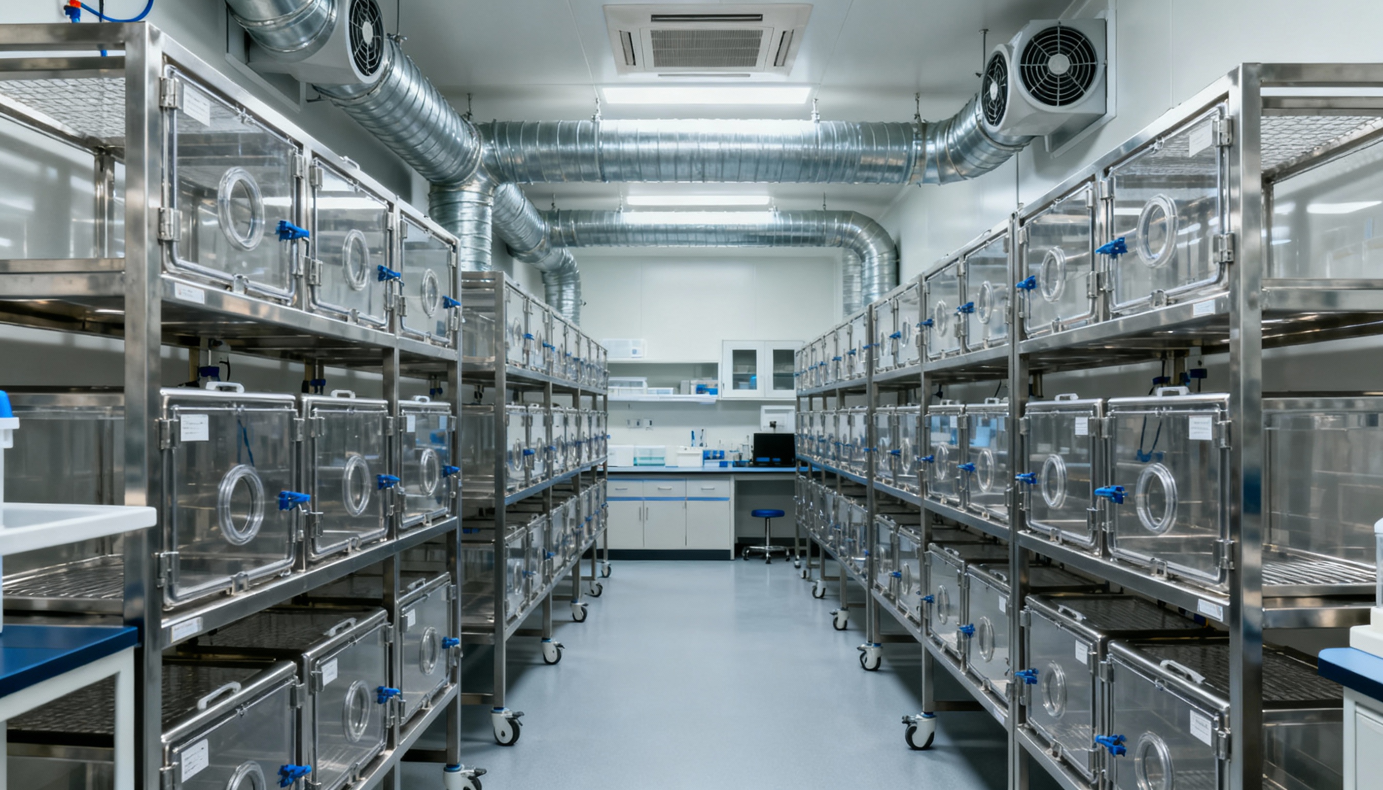 Long corridor of a vivarium lined with stainless-steel ventilated rack systems holding empty transparent cages, with large air ducts overhead in a clean, controlled environment.