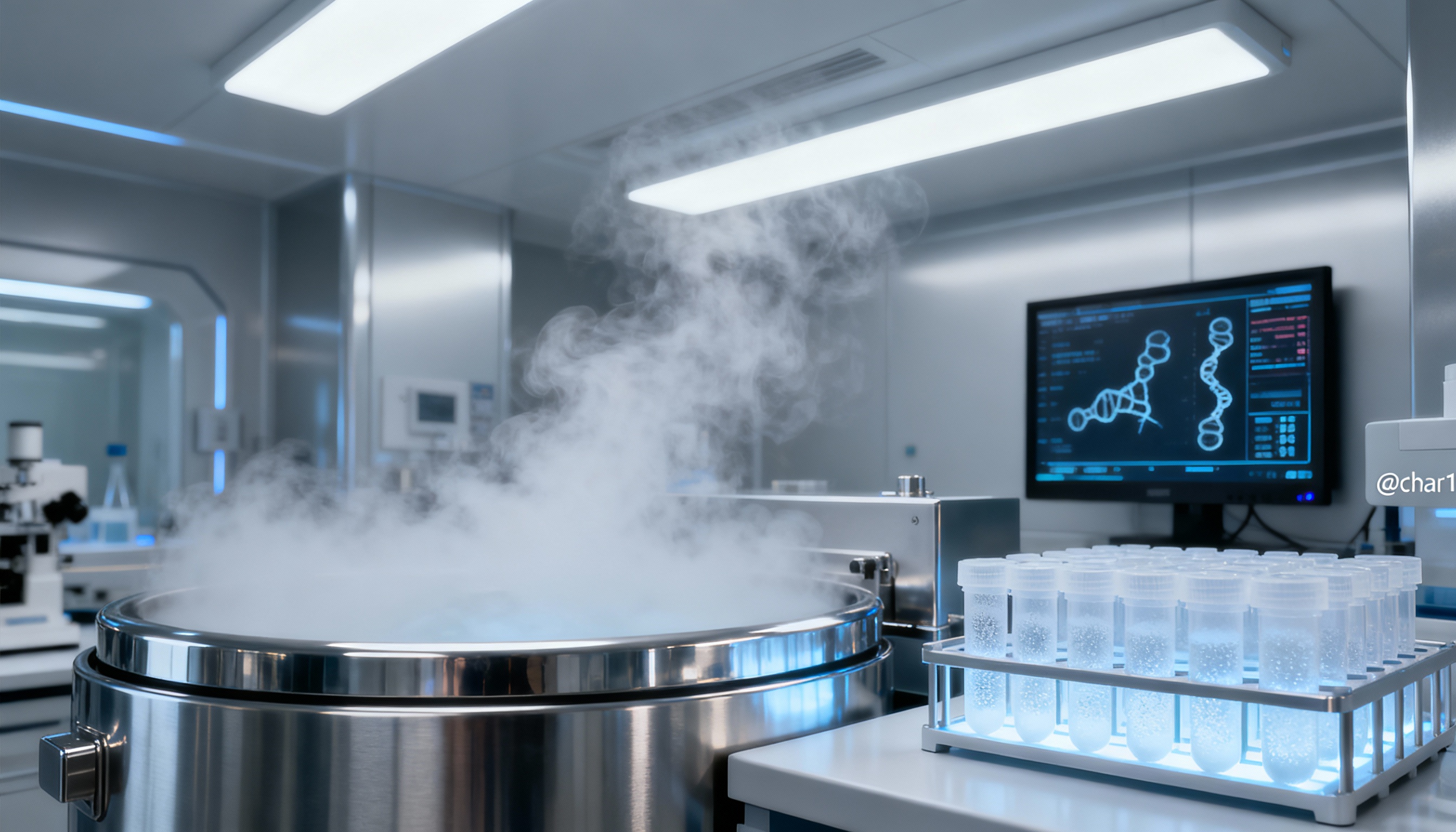 Cryogenic storage tank emitting cold vapor beside a rack of frosted sample tubes, with a computer screen in the background displaying stylized DNA graphics in a modern laboratory.