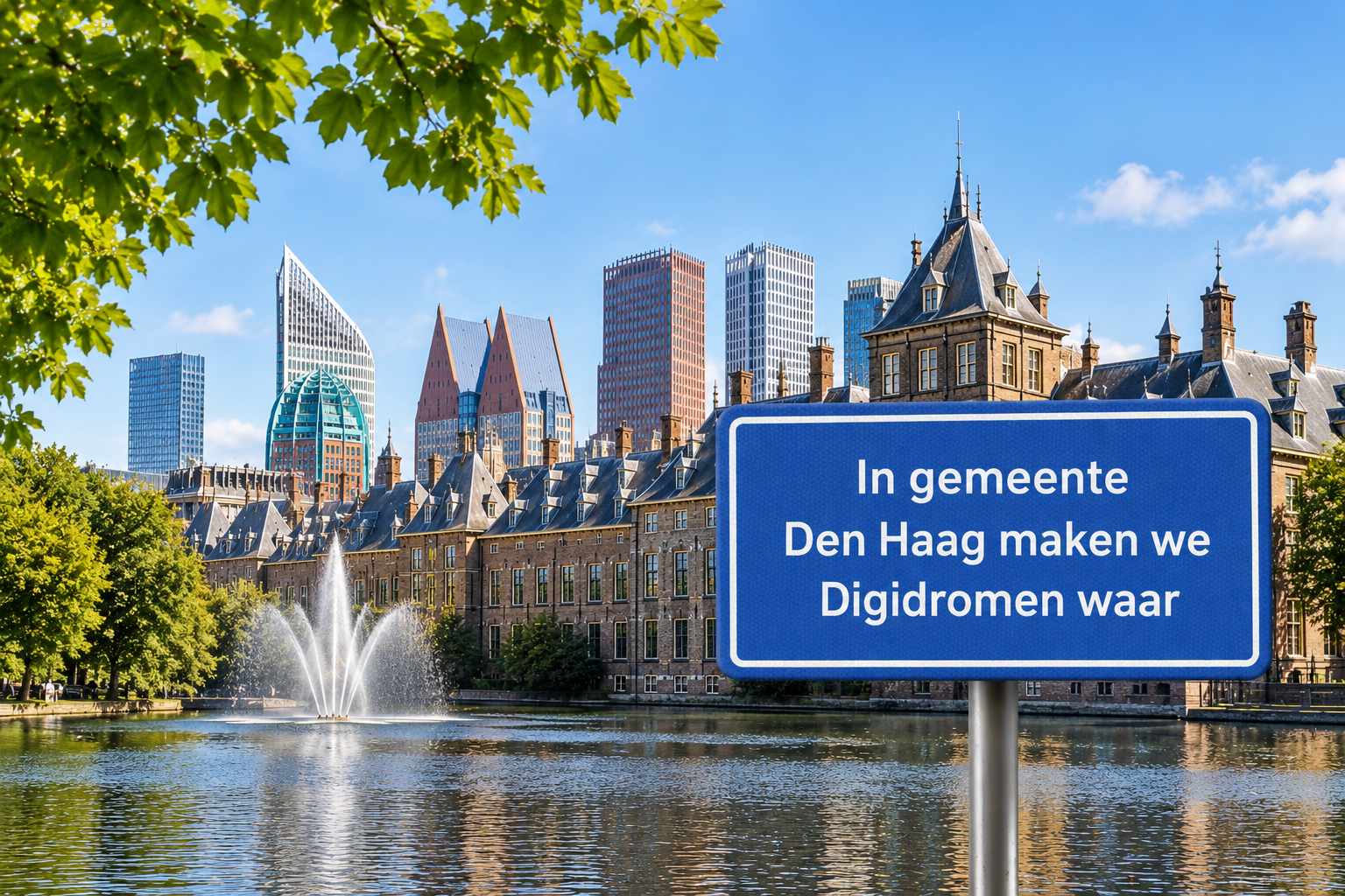 digidromen is gestart met het uitgeven van laptops in den haag. Je ziet haagse gebouwen met een bordje waarop staat dat Digidromen dromen waarmaakt in Den Haag