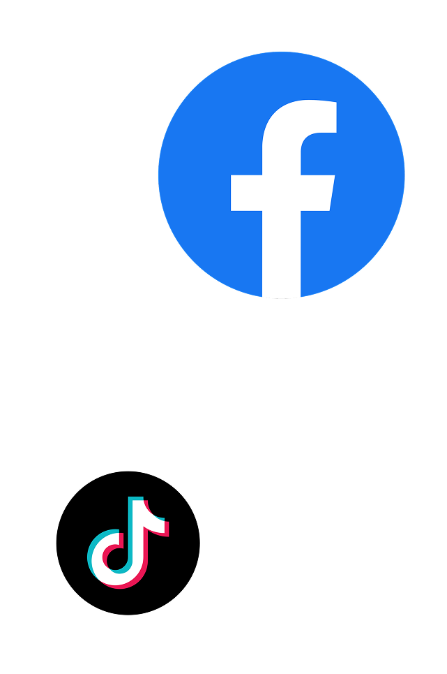 Blue Facebook logo circle above pink and blue TikTok logo on a black background.