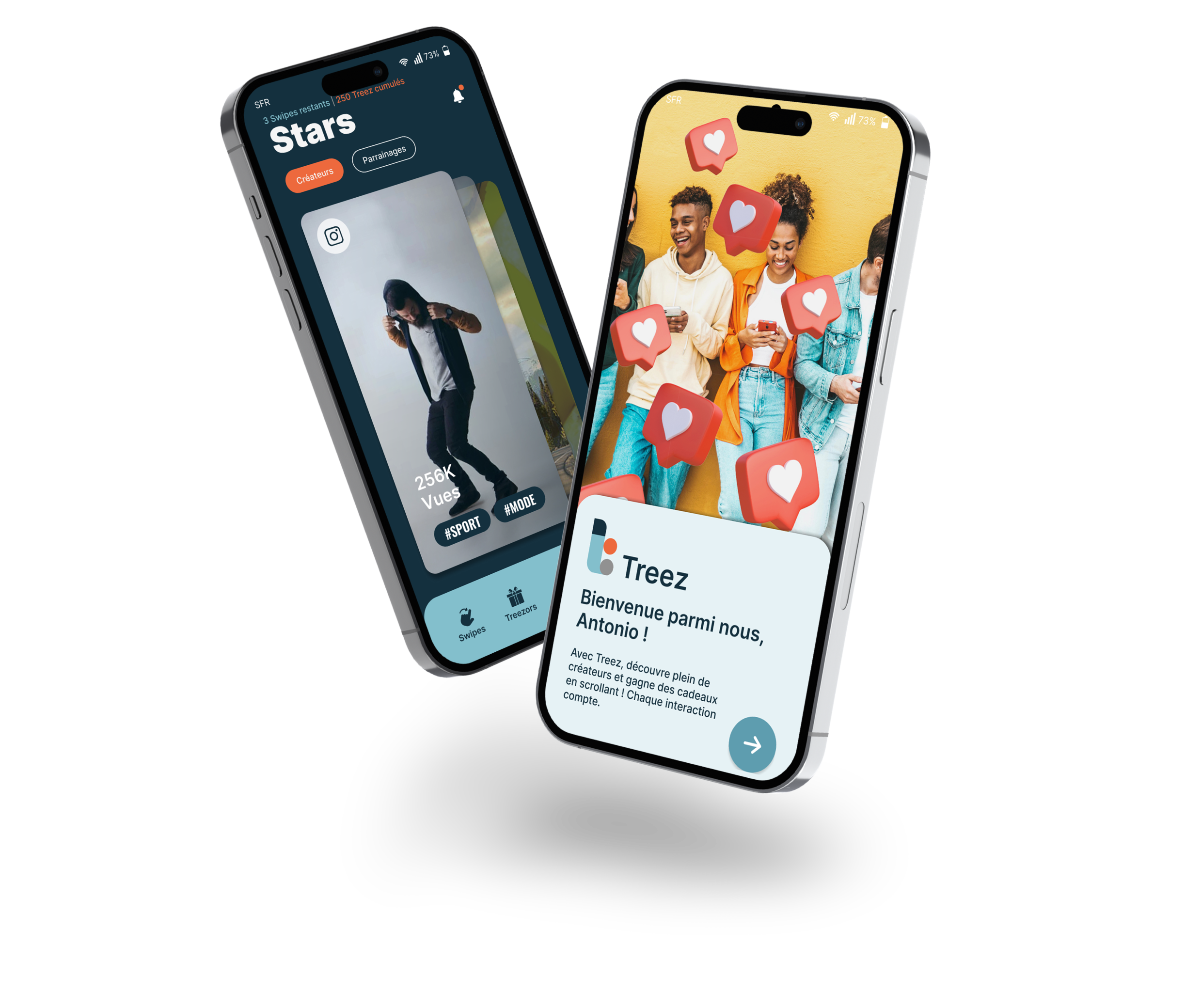 Two smartphones displaying Treez app screens: one with a content ready to be swiped, another welcoming user.