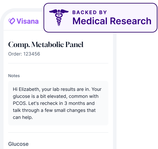 Medical lab result notification showing elevated glucose and recommendation to recheck in 3 months.
