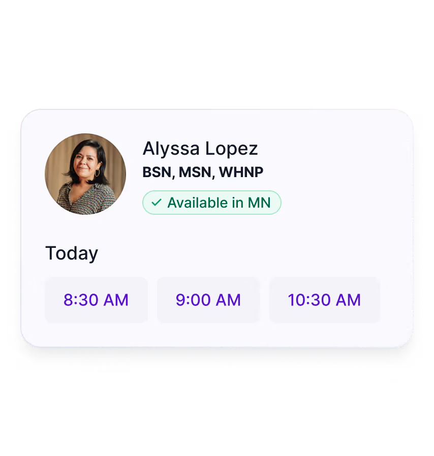 Profile card of Alyssa Lopez, BSN, MSN, WHNP, available in MN, with appointment times at 8:30, 9:00, and 10:30 AM.