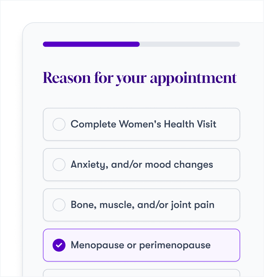 Appointment form showing options: Complete Women's Health Visit, Anxiety, Bone pain, or Menopause selected.