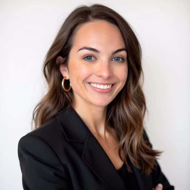 Smiling woman with long brown wavy hair wearing gold hoop earrings and a black blazer against a plain white background.