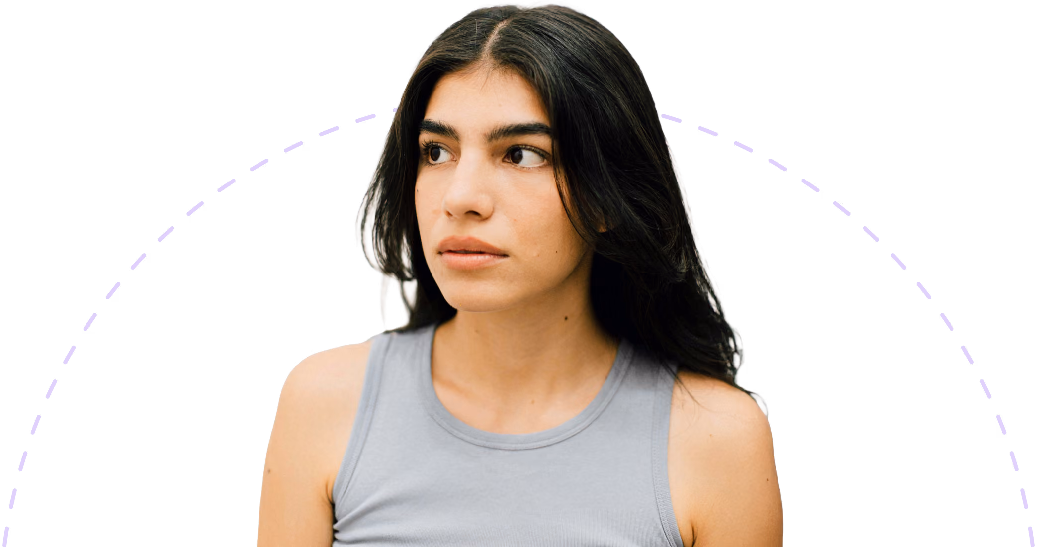 Young woman with long black hair wearing a grey sleeveless top looking slightly to her left against a transparent background with a dotted purple semi-circle behind her.