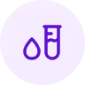 Purple icon of a water droplet next to a test tube with bubbles on a light gray circular background.