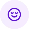 Purple smiling face icon with closed eyes on a light circular background.