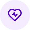 Purple heart outline with a heartbeat line inside, set against a light purple circular background.