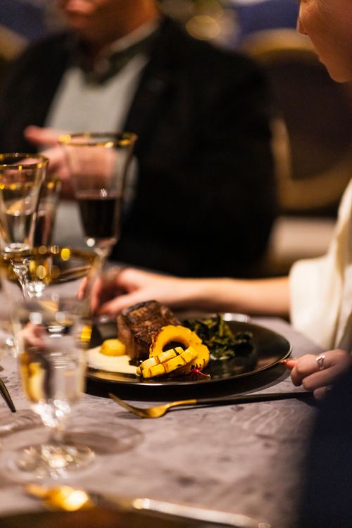 A modern seasonal plated beef entree for an event catered by Tuxedos & Tennis Shoes Catering in Seattle