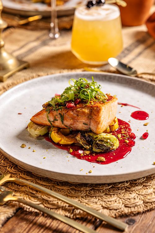 Seasonal salmon entree for Fall events by Seattle's award-winning Tuxedos & Tennis Shoes Catering, a DSquared Hospitality Company