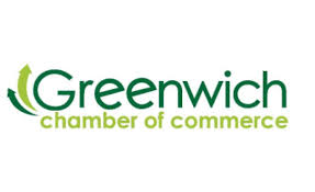 Logo of the Greenwich Chamber of Commerce, featuring the word 'Greenwich' in green with a leaf design forming part of the letter G, followed by 'chamber of commerce' in smaller green text.