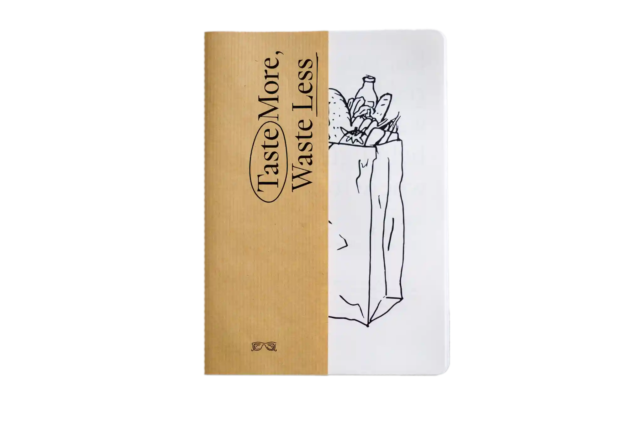 Booklet titled “Taste(e)More, Waste Less” with a brown paper cover and hand-drawn grocery bag illustration.