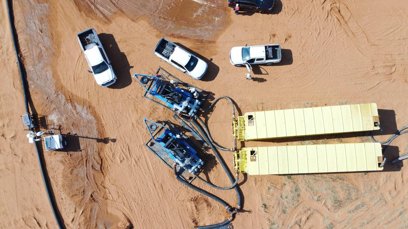 Overhead view of a full Flowpoint water transfer spread with pumps and storage tanks