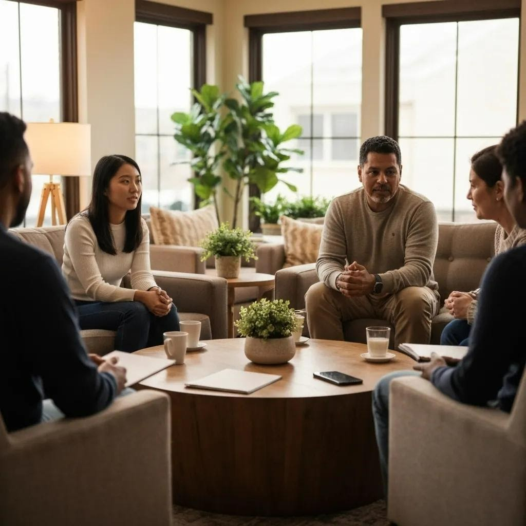 Group therapy session illustrating community support in aftercare programs for recovery