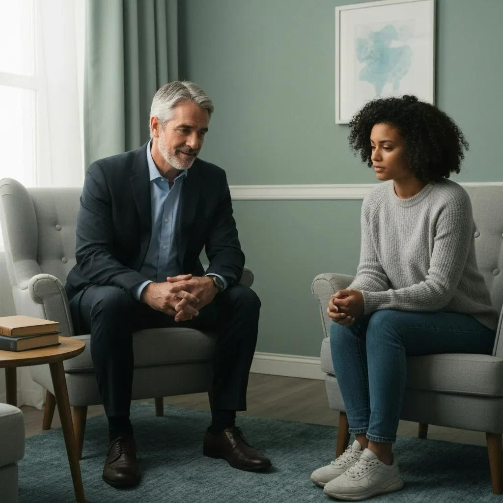 A therapist engaging in a counseling session with a client, focusing on the integrated treatment of mental health and addiction for dual diagnosis